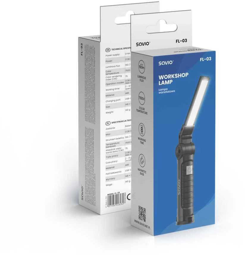 LED Lempa - Savio FL-03 COB Įkraunama, USB-C, 150 lm, Sukamoji Galvutė, Magnetas