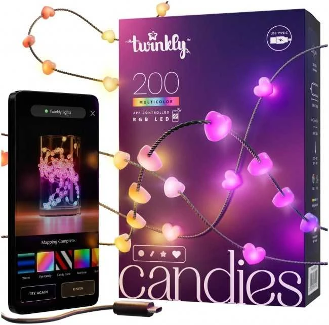 Kalėdinė girlianda Twinkly Heart - Shaped 200 RGB LED USB- C, žalios spalvos laidas