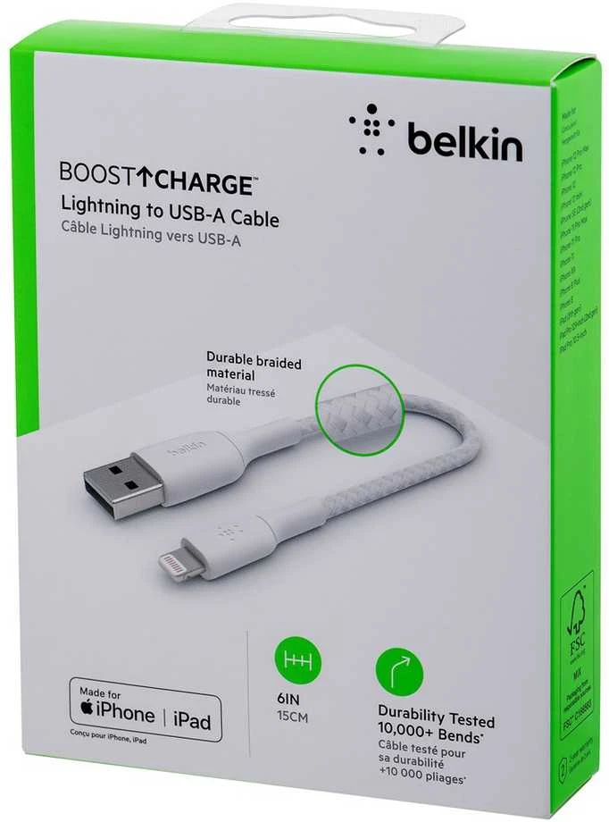 Belkin CAA002bt0MWH BOOST CHARGE™ Lightning įkroviklis su USB-A laidu, 0,15 m, baltas