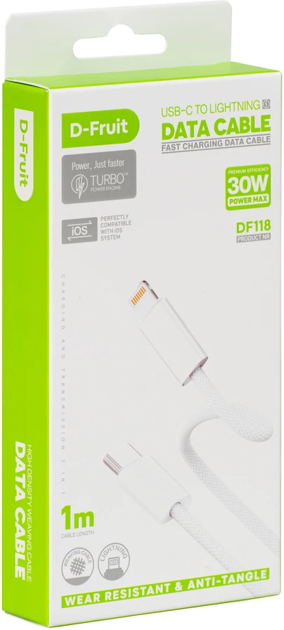 „Lightning“ Laidas - D-Fruit DF118 USB-C–„Lightning“, 1 m, Baltas