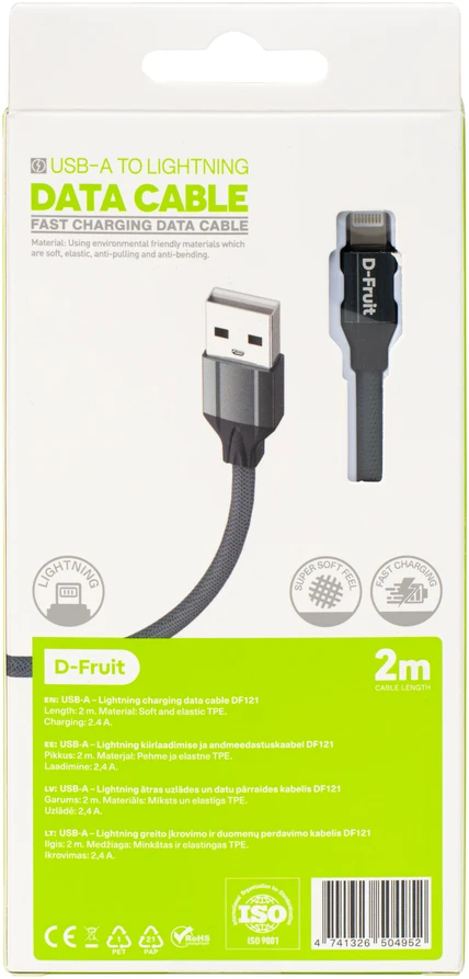 „Lightning“ Laidas - D-Fruit DF121 USB-A–„Lightning“ Laidas 2 m Pilkas