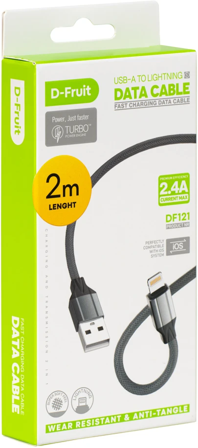 „Lightning“ Laidas - D-Fruit DF121 USB-A–„Lightning“ Laidas 2 m Pilkas