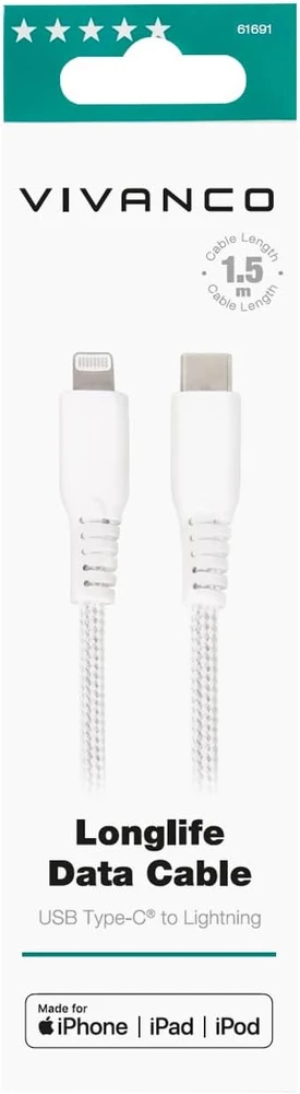 „Lightning“ Laidas - Vivanco LongLife 1,5 m USB-C Laidas, Baltas
