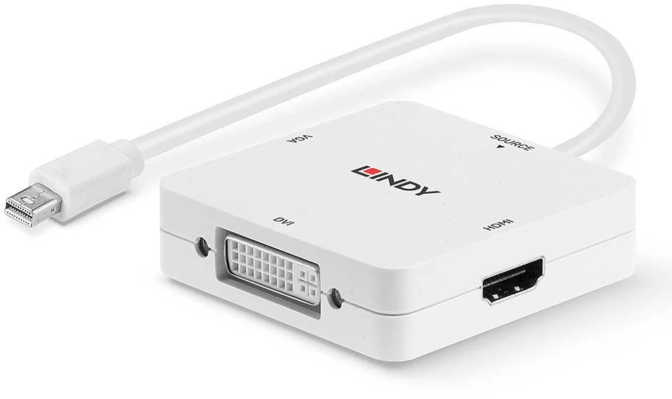 Adapteris - LINDY Mini DisplayPort 1.2 į HDMI, VGA ir DVI-D Aktyvus Adapteris Konverteris, 3840x2160 30Hz, Baltas