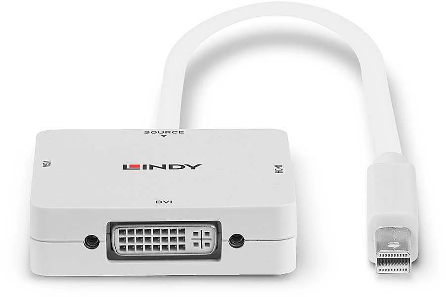 Adapteris - LINDY Mini DisplayPort 1.2 į HDMI, VGA ir DVI-D Aktyvus Adapteris Konverteris, 3840x2160 30Hz, Baltas