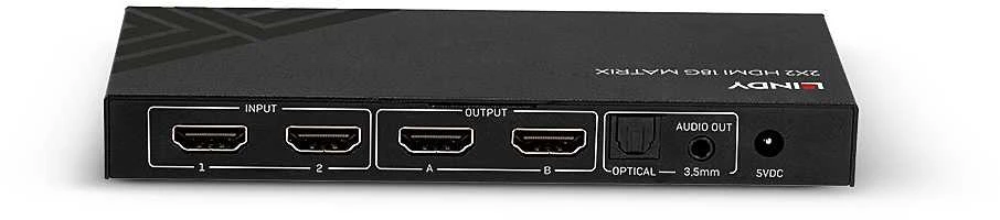 AV Jungiklis - LINDY 2x2 HDMI 18G Matrix Sujungimas ir Perjungimas, 4096x2160@60Hz, Juodas
