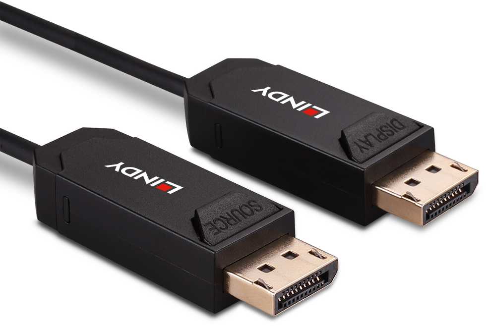 DisplayPort Kabelis - LINDY Šviesolaidinis Hibridinis DisplayPort 2.0 UHBR10 Kabelis, M/M, 30 m, Juodas