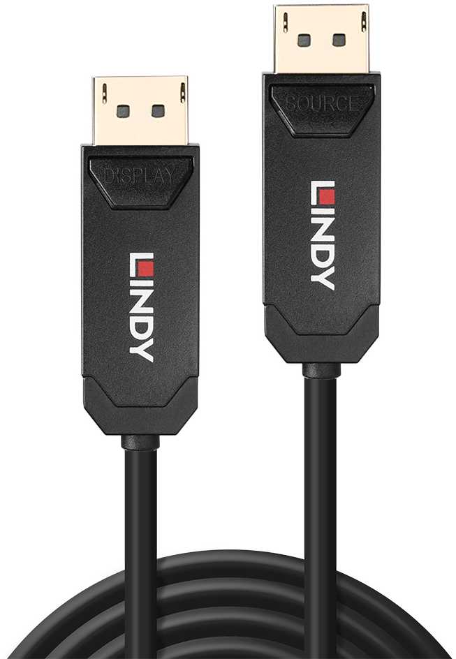 DisplayPort Kabelis - LINDY Šviesolaidinis Hibridinis DisplayPort 2.0 UHBR10 Kabelis, M/M, 30 m, Juodas