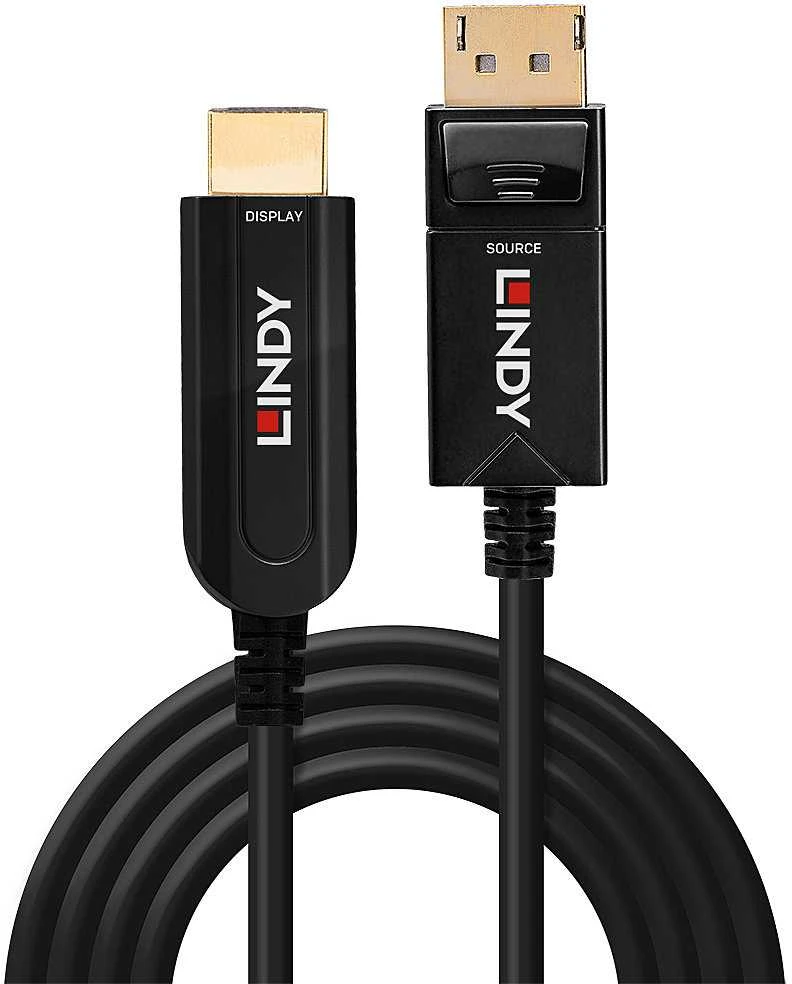 DisplayPort Kabelis - LINDY Šviesolaidinis Hibridinis DisplayPort 1.2 į HDMI Kabelis, M/M, 4K@60Hz, 21.6Gbps, 20 m, Juodas