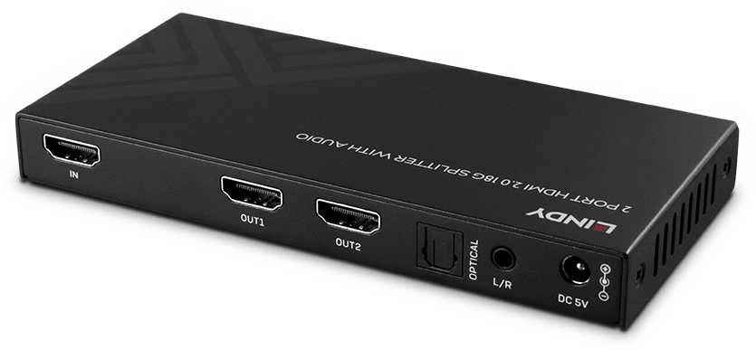 HDMI Skirstytuvas - LINDY 2 Prievadų HDMI Skirstytuvas 8K60, 48G, Su Garso Ištraukimu ir Sumažinimu, Juodas