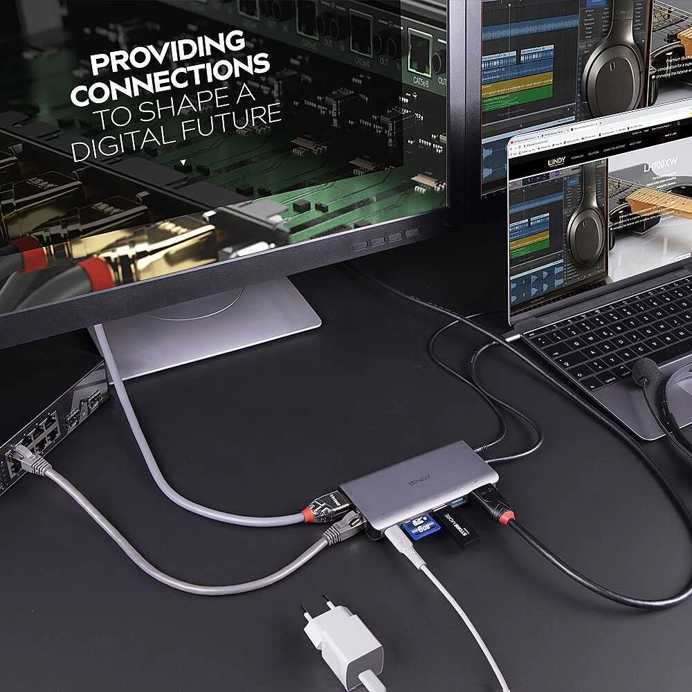 Nešiojamojo Kompiuterio Mini Dokavimo Stotis - LINDY DST-Mini XT USB-C Dokas, 4K HDMI, Dvigubas Ekranas, 100W PD, Gigabit Ethernet