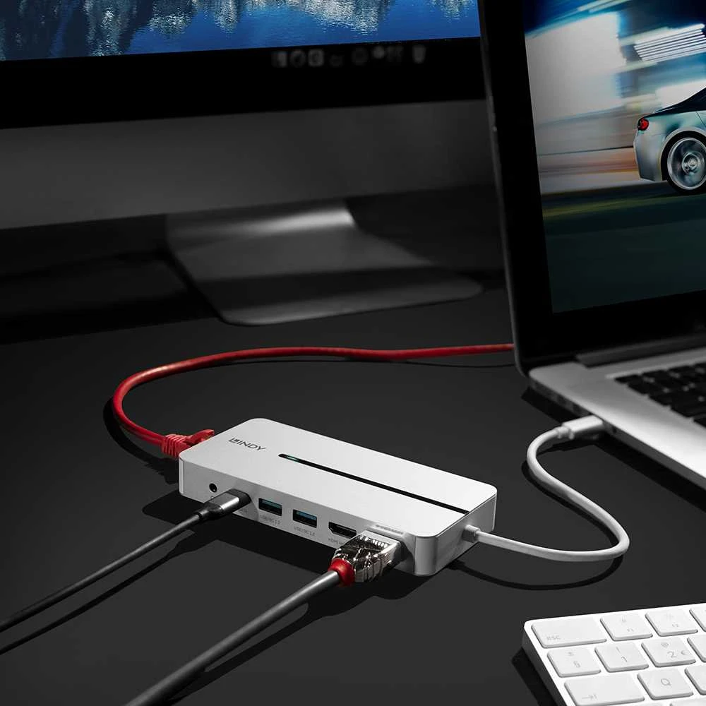 USB-C Dokavimo Stotis - LINDY DST-Mx Duo, USB-C Nešiojamojo Kompiuterio/MacBook Mini Dokų Stotis, PD 3.0 100W, USB 3.2 Gen 1, Gigabit Ethernet, Audio, Baltas