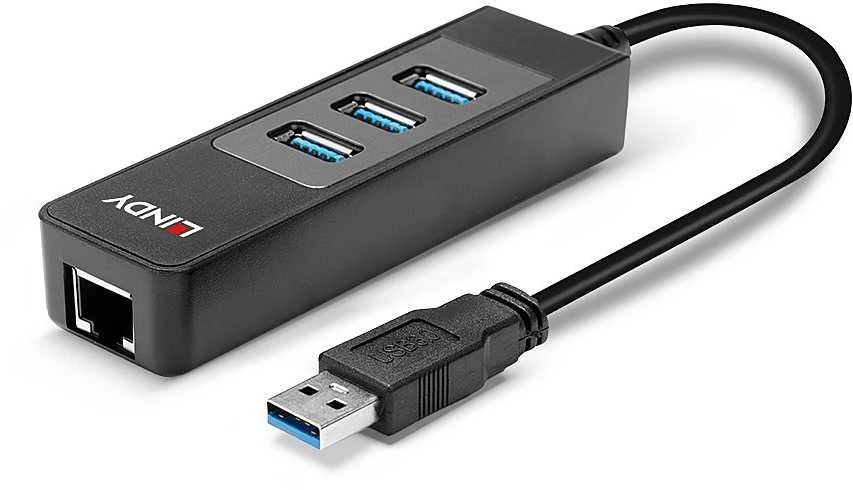 USB Hub - LINDY 3 Prievadų USB 3.0 Hub ir Gigabit Ethernet Konverteris 5Gbps, WoL