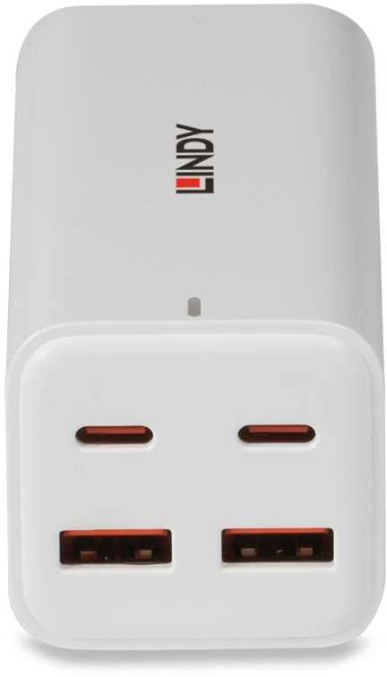 USB Įkroviklis - LINDY 100W 4 Prievadų GaN Įkroviklis su 2x USB Type C ir 2x Type A Prievadai, Baltas
