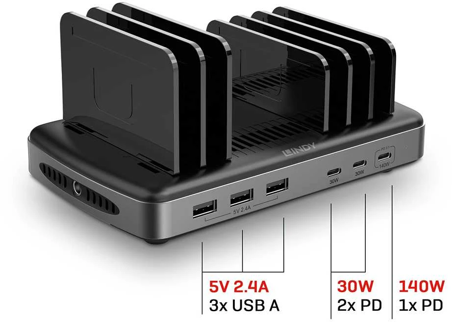 USB Įkrovimo Stotis - LINDY 160W 6 Prievadų Išmanusis Įkroviklis 3A USBType A ir C