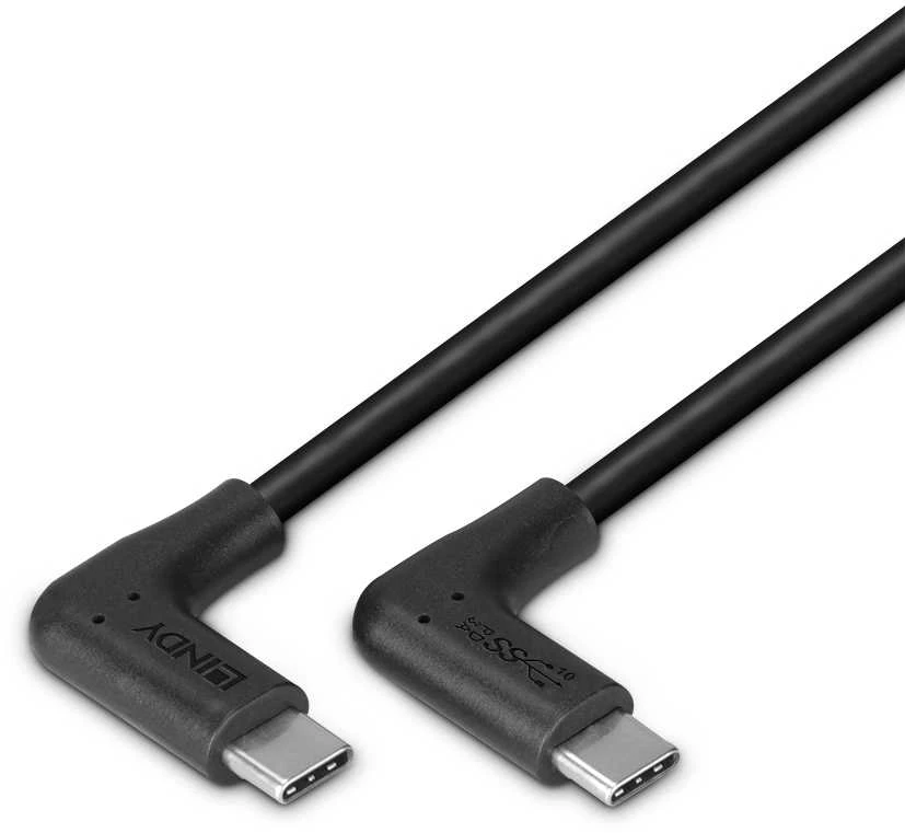 USB Kabelis - LINDY USB 3.2 Type C Laidas, M/M, 10Gbps, 60W PD, 2 x 90° kampas, 1.5 m, Juodas