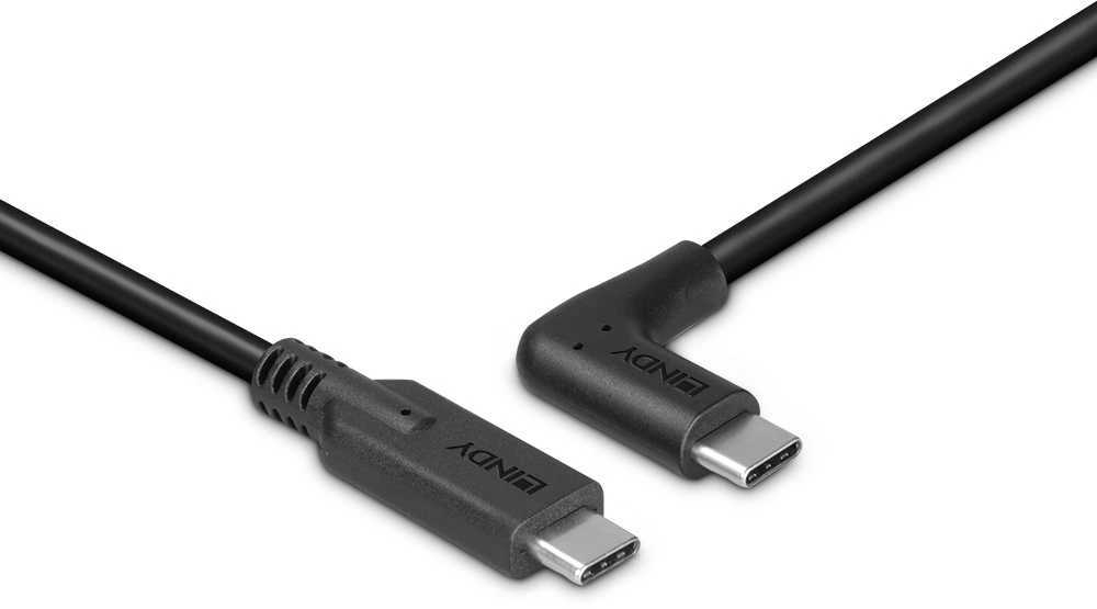 USB Kabelis - LINDY USB 3.2 Type C Laidas, M/M, 90° Dešinysis Kampas, 10Gbps, 60W PD, 1.5 m, Juodas