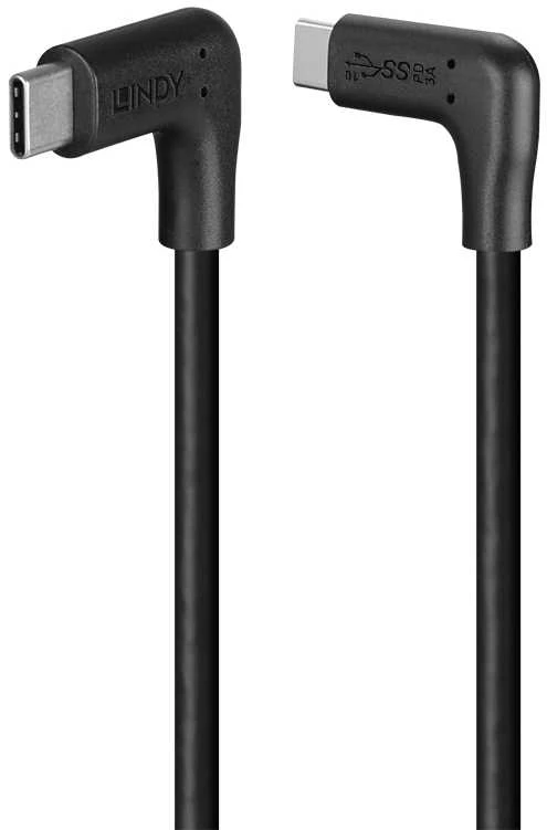 USB Kabelis - LINDY USB 3.2 Type C Laidas, M/M, 10Gbps, 60W PD, 2 x 90° kampas, 1.5 m, Juodas