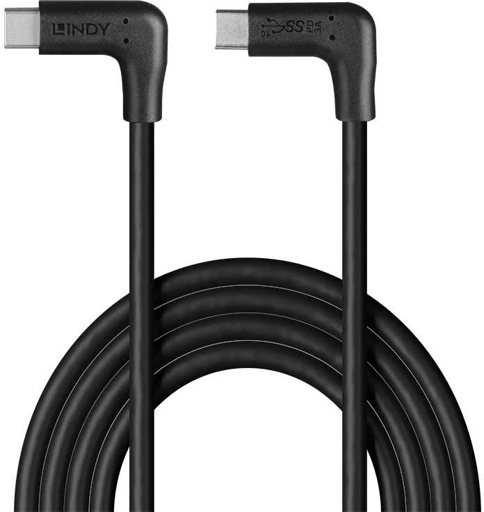 USB Kabelis - LINDY USB 3.2 Type C Laidas, M/M, 10Gbps, 60W PD, 90° Kampas, 1 m, Juodas