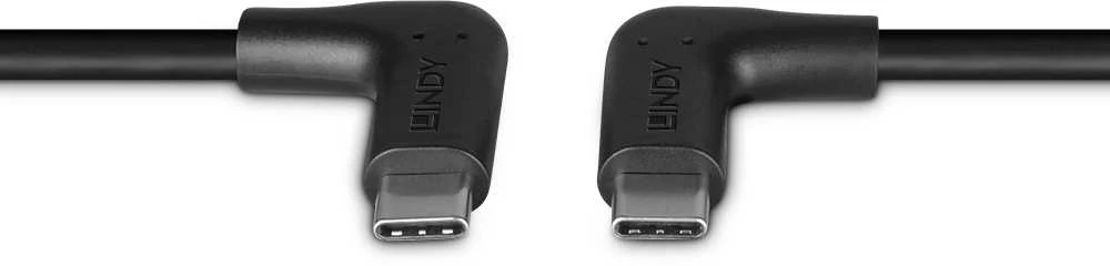USB Kabelis - LINDY USB 3.2 Type C Laidas, M/M, 10Gbps, 60W PD, 90° Kampas, 1 m, Juodas