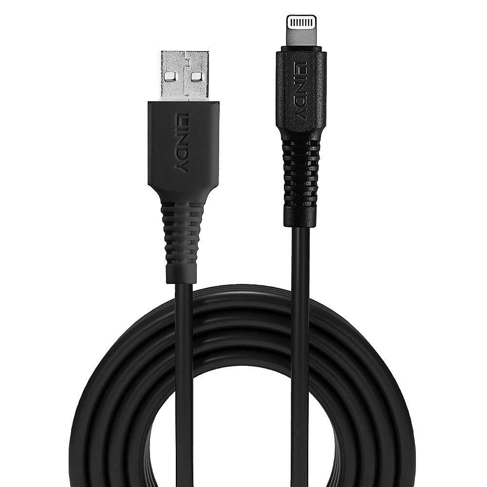 USB Kabelis - LINDY USB Type A į Lightning Laidas, M/M, 480Mbps, Patvarus PVC, 3 m, Juodas