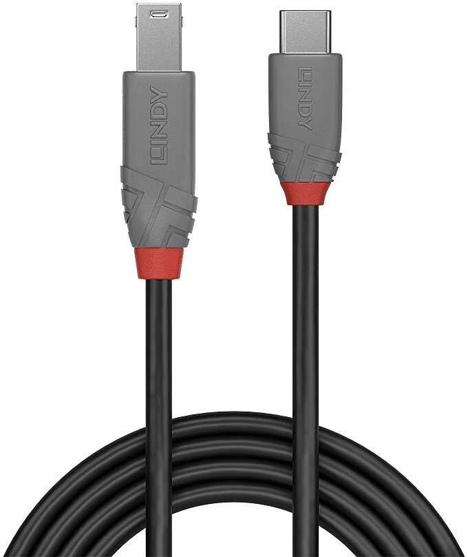 USB Kabelis - LINDY Anthra Line USB 3.2 Type C į B Laidas, M/M, 5Gbps, 4.5W, 1 m, Juodas
