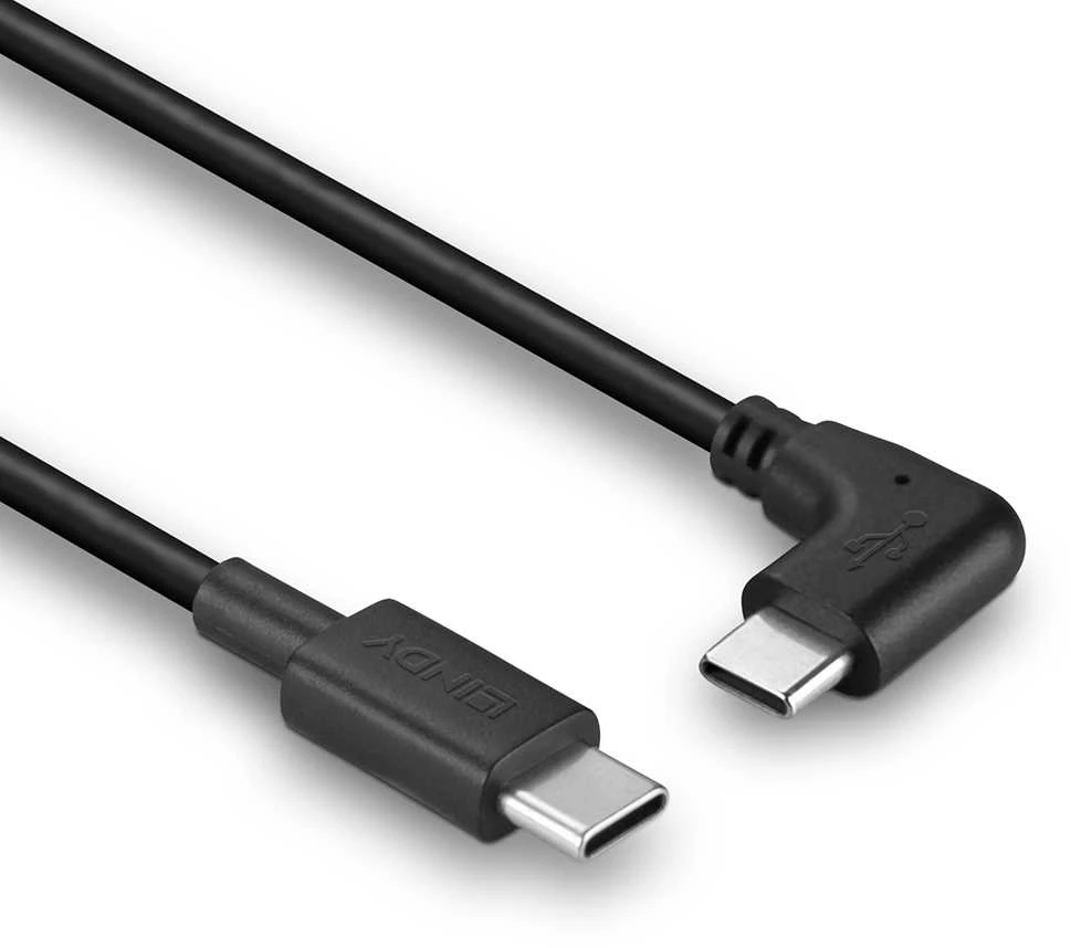 USB Kabelis - LINDY USB 2.0 Type C Laidas, M/M, 90° Dešiniu Kampu, 60W PD, 1 m, Juodas