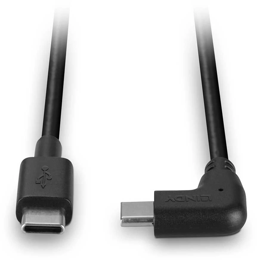 USB Kabelis - LINDY USB 2.0 Type C Laidas, M/M, 90° Dešiniu Kampu, 60W PD, 1 m, Juodas