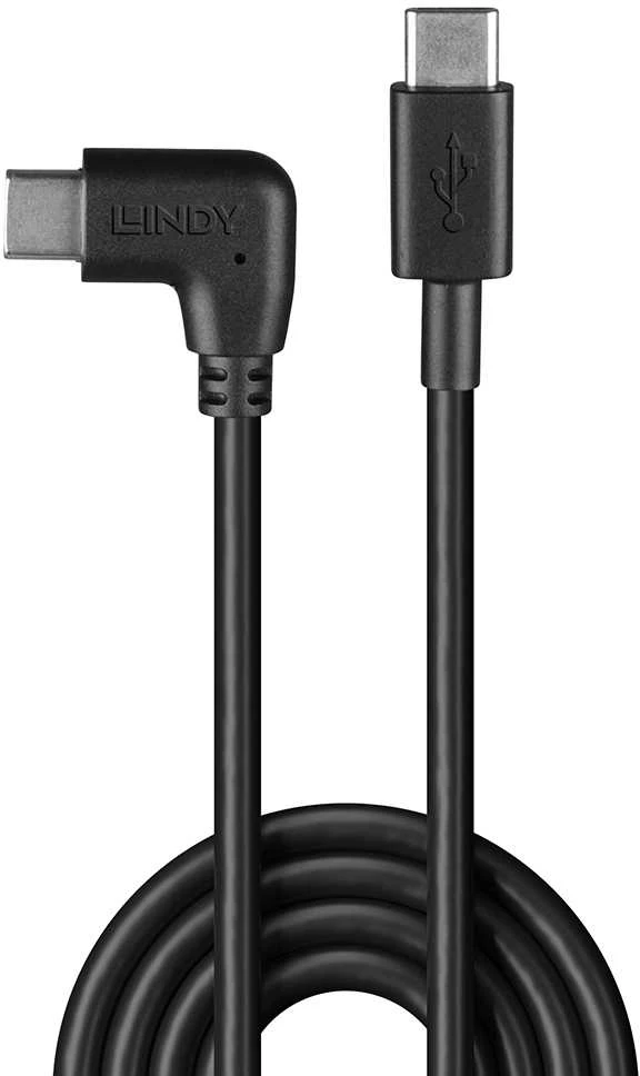 USB Kabelis - LINDY USB 2.0 Type C Laidas, M/M, 90° Dešiniu Kampu, 60W PD, 1 m, Juodas