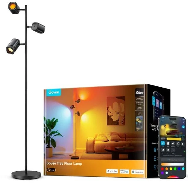 Lubinis šviestuvas Išmanioji Grindų Lempa - Govee Tree RGBWW LED, Wi-Fi & Bluetooth, Balso Valdymas, Juoda