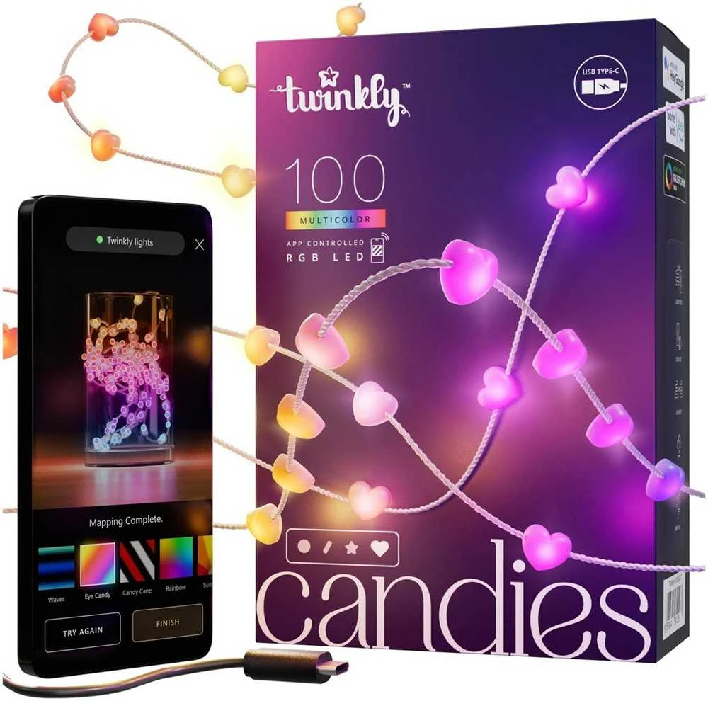 „Twinkly Candies“ 100 širdies formos RGB šviesos diodų, skaidrus laidas, USB-C