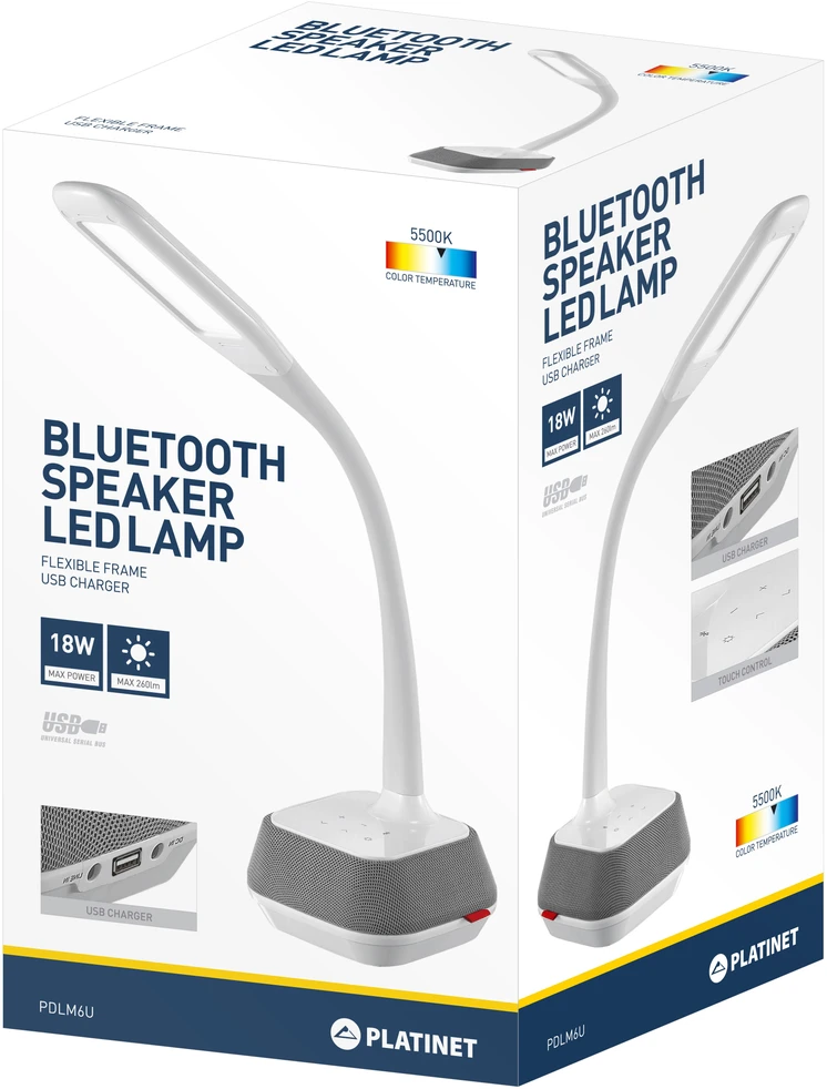 LED Stalinė Lempa - Platinet PDLM6U 18 W Su Bluetooth Garsiakalbiu Ir USB Įkrovikliu, 5 500 K, 260 lm, 36 SMD4014 LED