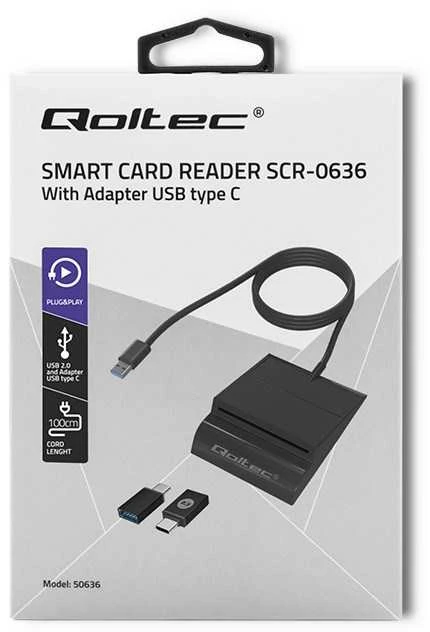 QOLTEC 50636 Intelligent Smart ID lustinių kortelių skaitytuvas SCR0636 USB tipo C
