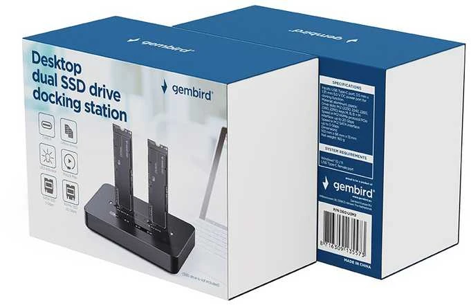 „Gembird DD2-U3M2“ darbalaukio dviejų diskų USB Type-C M.2 NVME (ir SATA) SSD prijungimo stotelė, juoda