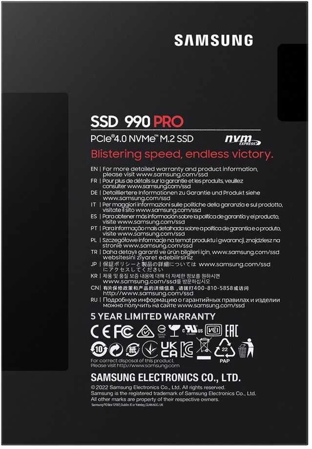 Kietasis vidinis diskas Samsung 990 PRO 1000 GB, SSD form factor M.2 2280, SSD sąsaja PCIe Gen4x4, Rašymo greitis 6900 MB/s, Skaitymo greitis 7450 MB/s