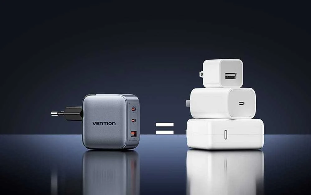 „Vention“ 70 W „GaN PD“ įkroviklis, 1 x USB-A, 2 x USB-C, juodas