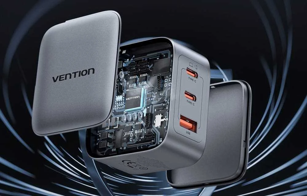 „Vention“ 70 W „GaN PD“ įkroviklis, 1 x USB-A, 2 x USB-C, juodas