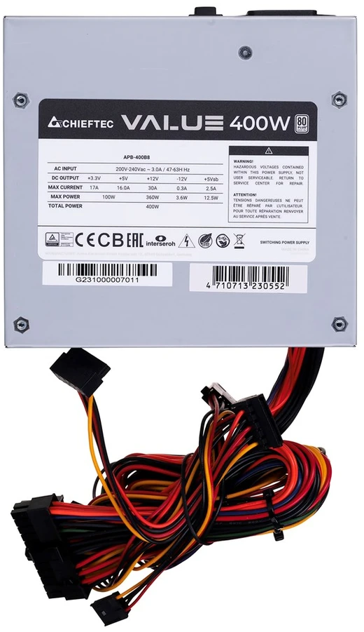 CHIEFTEC Value 400W efficacity 80p.c. ATX 12V 2.3 Cables 1x20+4PIN ATX 3xSATA 2xMolex 1x4PIN 12V 1x8PIN 6 + 2 PCIe