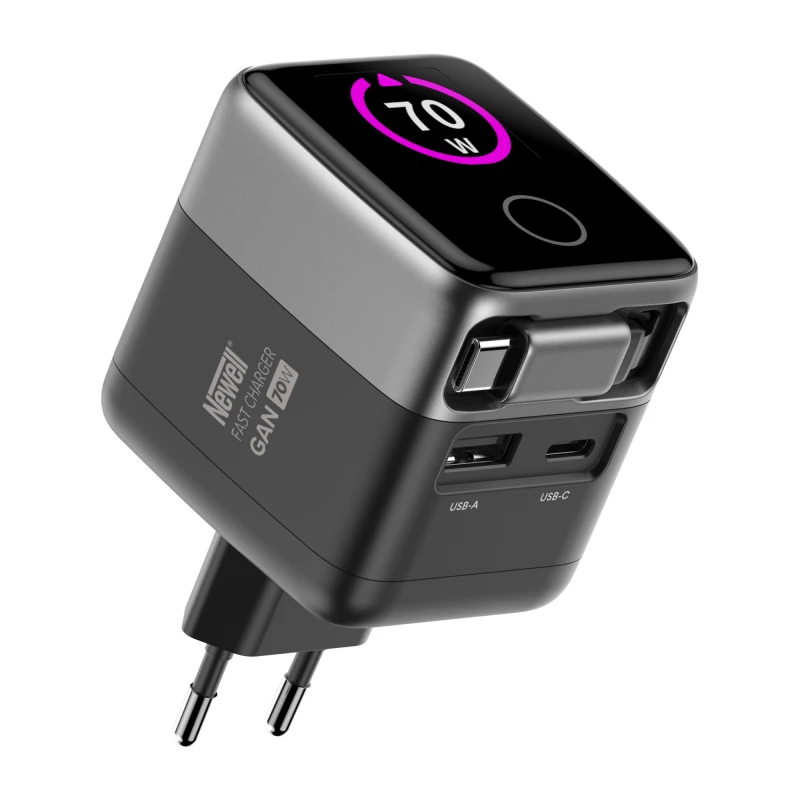 Maitinimo įkroviklis - Newell GaN 70 W TFT įkroviklis USB-C, USB-A, integruotas laidas
