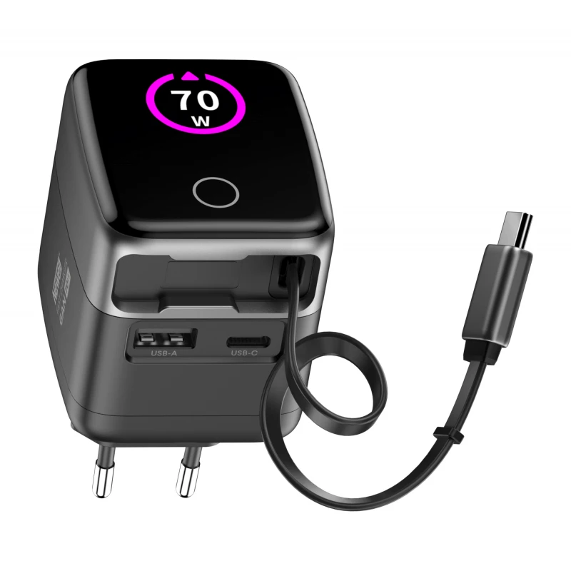 Maitinimo įkroviklis - Newell GaN 70 W TFT įkroviklis USB-C, USB-A, integruotas laidas
