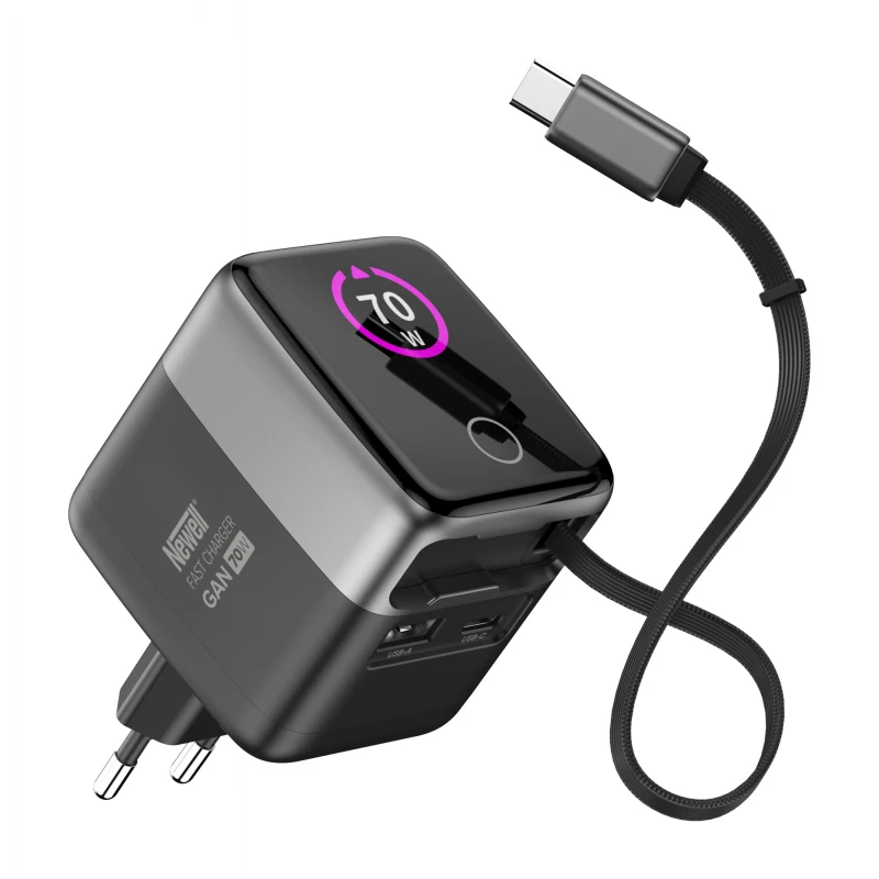 Maitinimo įkroviklis - Newell GaN 70 W TFT įkroviklis USB-C, USB-A, integruotas laidas