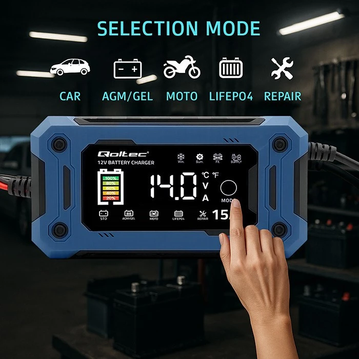 Qoltec 52496 įkroviklis 12V 15A | Lygintuvas su remonto funkcija ir maitinimo palaikymu keičiant akumuliatorių | skirtas AGM GEL LiFePO4 | LCD
