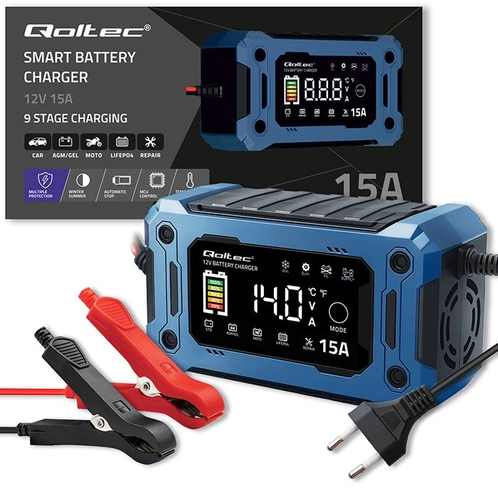 Qoltec 52496 įkroviklis 12V 15A | Lygintuvas su remonto funkcija ir maitinimo palaikymu keičiant akumuliatorių | skirtas AGM GEL LiFePO4 | LCD