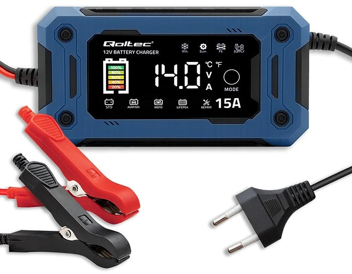 Qoltec 52496 įkroviklis 12V 15A | Lygintuvas su remonto funkcija ir maitinimo palaikymu keičiant akumuliatorių | skirtas AGM GEL LiFePO4 | LCD