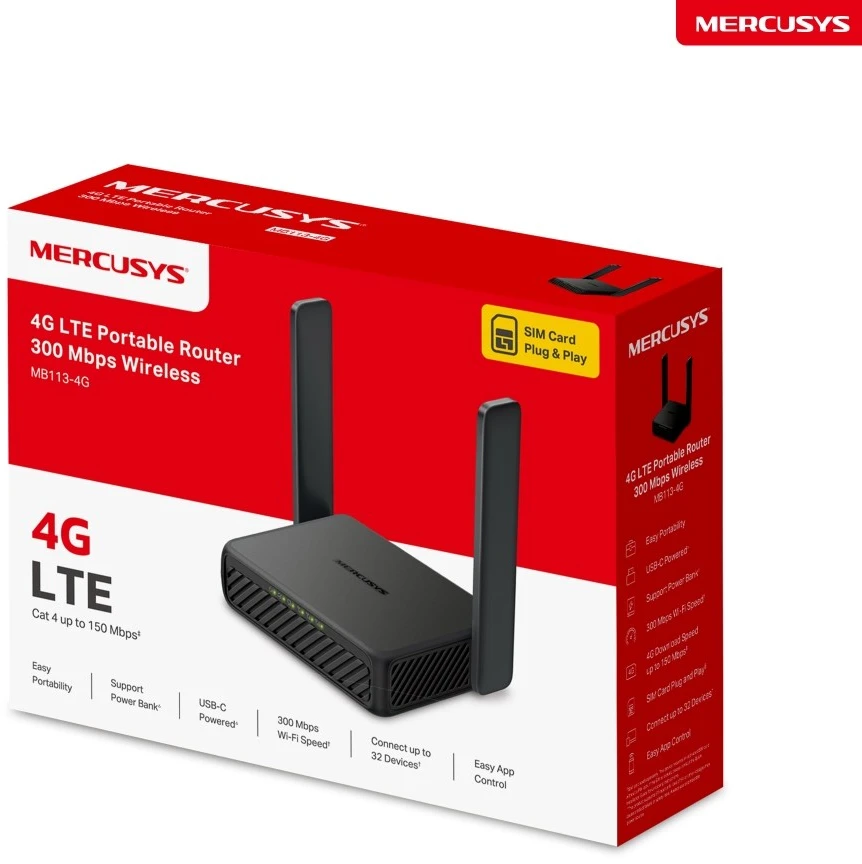 Mercusys | MB113-4G | Wireless 4G LTE Portable Maršrutizatorius | 802.11n | Ethernet LAN (RJ-45) jungtys 2 | 300 Mbit/s | Mesh Support No | MU-MiMO No | 4G