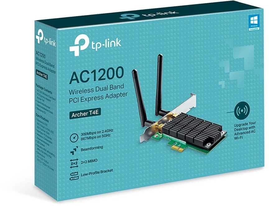 TP-LINK Archer T4E dviejų dažnių PCI Express adapteris yra 2.4GHz/5GHz, 802.11ac, 300+867 Mbps, 2 nuimamos antenos