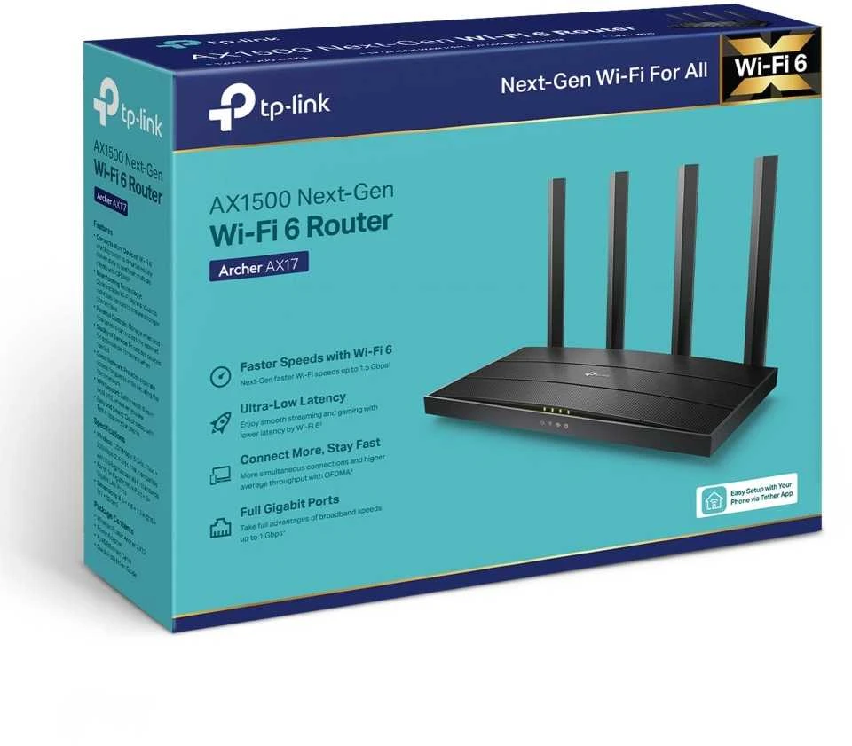 TP-LINK | AX1500 Wi-Fi 6 Maršrutizatorius | Archer AX17 | 802.11ax | 10/100/1000 Mbit/s | Ethernet LAN (RJ-45) jungtys 3 | Mesh palaikymas: Taip | MU-MiMO: Taip | Ne, mobilusis plačiajuostis ryšys: Fiksuota