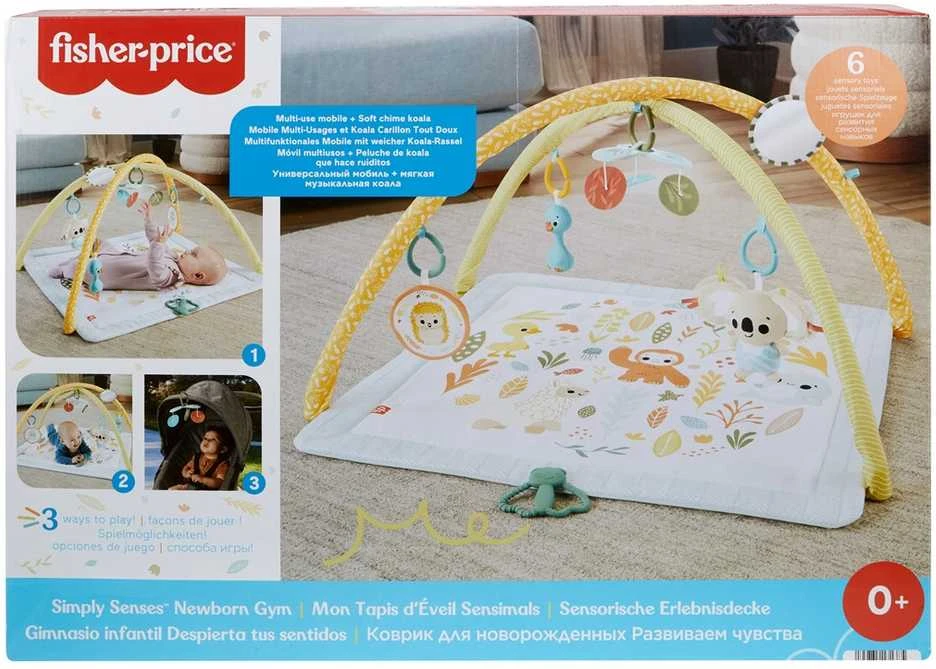 Mattel Fisher-Price Simply Senses naujagimio mankštos kilimėlis su 6 sensoriniais žaisliukais