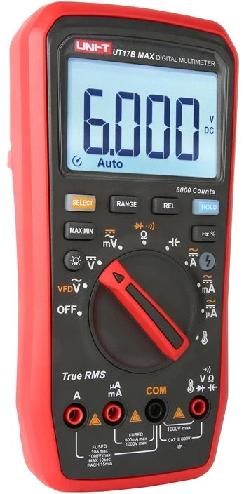 Skaitmeninis multimetras, TRMS, CATIII 600V, 600.0mV-1000V AC/DC, VFD, 600.0µA-10A AC/DC, 60.00MOm, 6000µF, 10MHz, -55C~500C, 6000, UNI-T