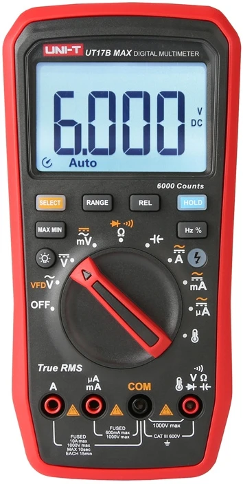 Skaitmeninis multimetras, TRMS, CATIII 600V, 600.0mV-1000V AC/DC, VFD, 600.0µA-10A AC/DC, 60.00MOm, 6000µF, 10MHz, -55C~500C, 6000, UNI-T